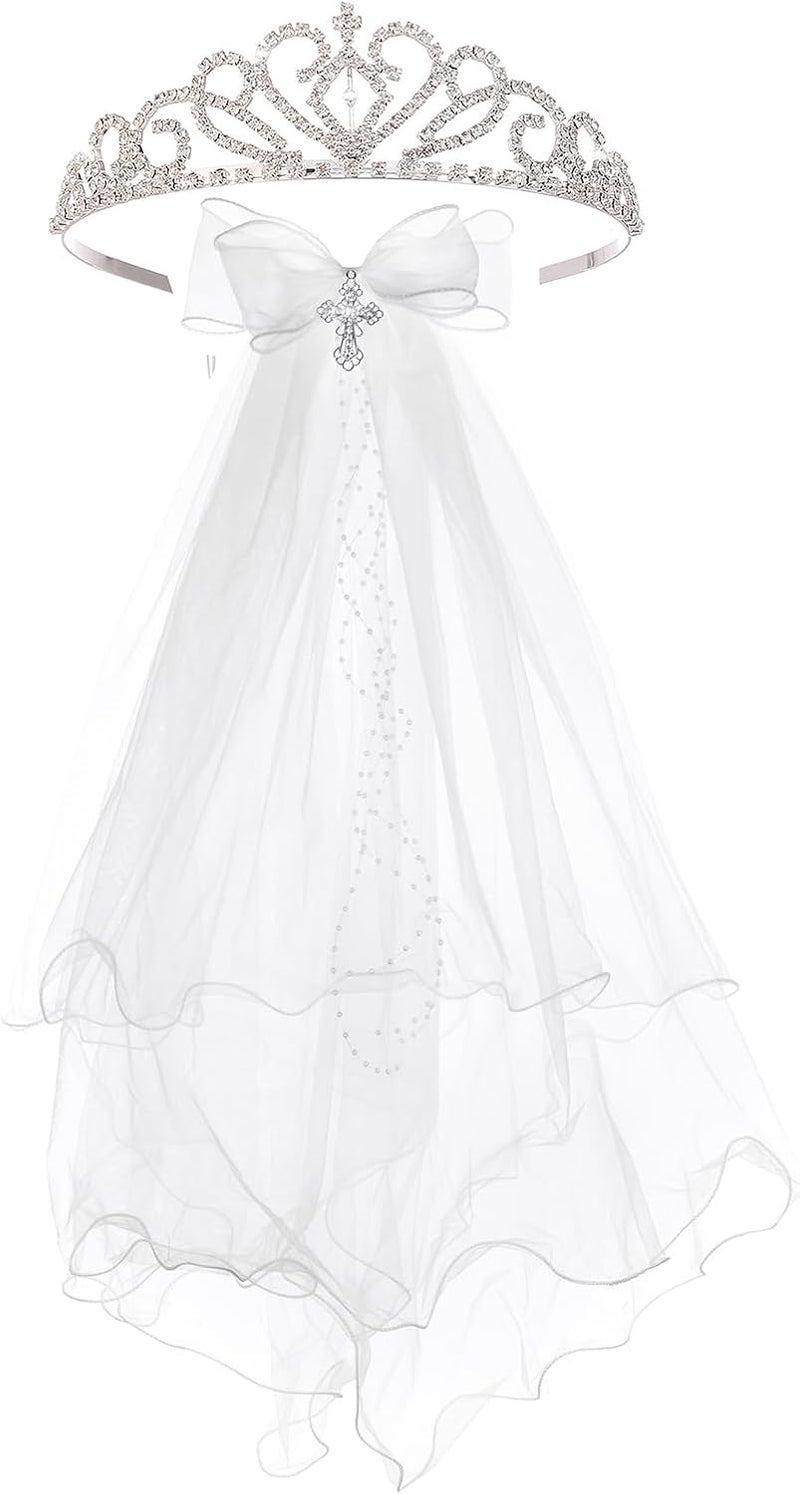 Merroyal First Communion Veil and Tiara Set, 24 inch White Veil with Rhinestone Cross Crown, Religious Ceremony Accessories - Image 1